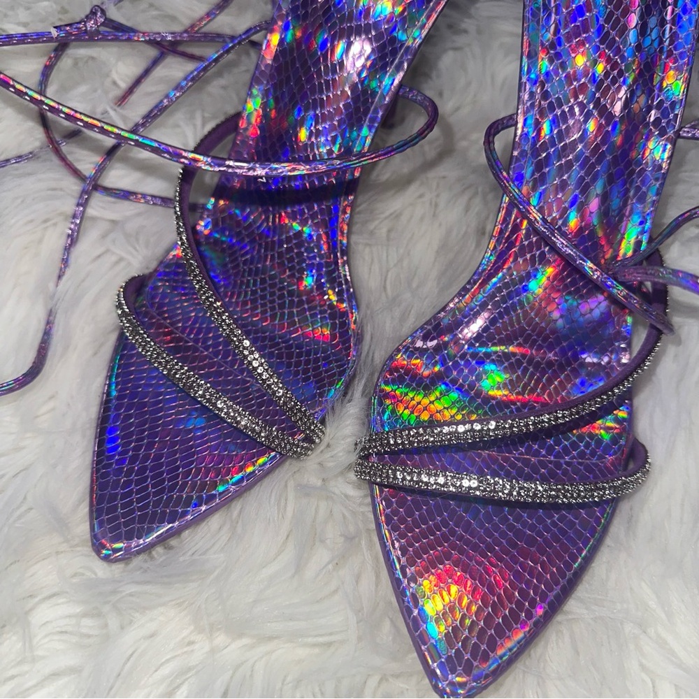 Dolls Kill • Iridescent Pointy Open Toe Wrap Up Stilettos with Rhinestones - Picture 6 of 14